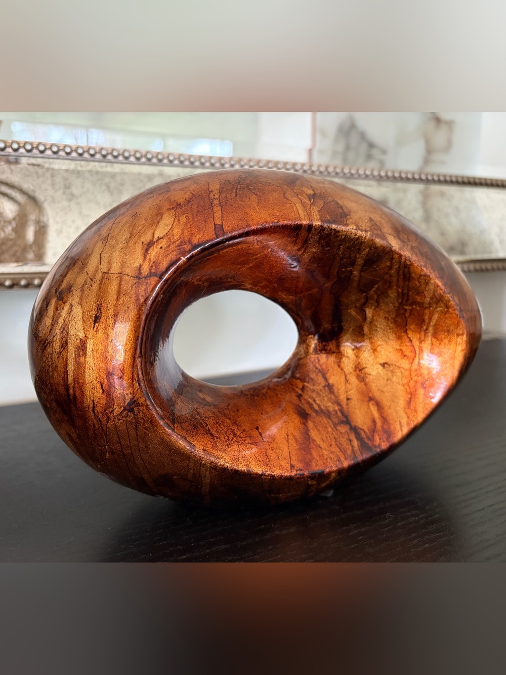 VINTAGE MCM STYLE AMBER GLAZE LOOP SCULPTURE - ORGANIC MODERN RAKU POTTERY DECOR